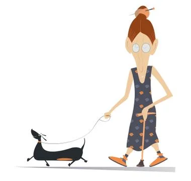 Cartoon senior woman walks with a walking stick and the dog illustration Stock Illustration