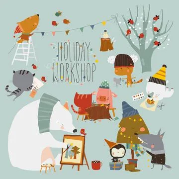 Cartoon Set with Animals getting ready for Christmas,painting,Handiwork Stock Illustration