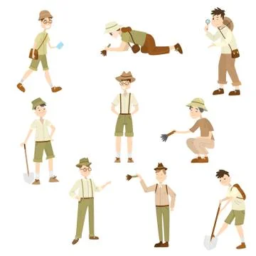 Cartoon set of archaeologist characters at work. Raster illustration in flat Stock Illustration