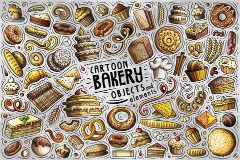 Cartoon set of bakery theme items, objects and symbols 스톡 일러스트