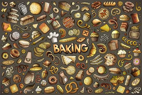 Cartoon set of bakery theme items, objects and symbols 스톡 일러스트
