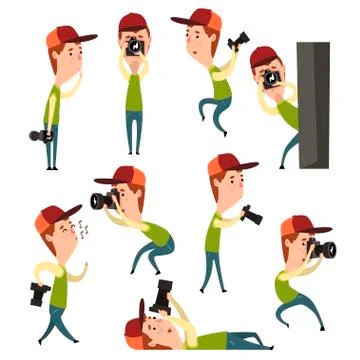 Cartoon set of boy with camera in different situations. Young guy photographer Stock Illustration