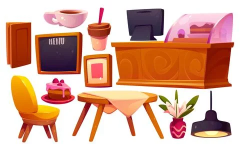 Cartoon set of cafe interior elements on white Stock Illustration