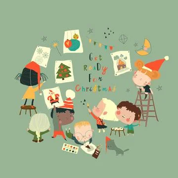 Cartoon Set with Children getting ready for Christmas,painting,Handiwork Stock Illustration
