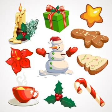 Cartoon set of Christmas attributes. Vector icons. Stock Illustration