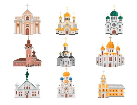Cartoon set of churches with different denominations Ilustración de archivo