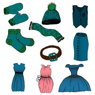 Cartoon set of clothes. Vector illustration. Drawing by hand. Stock Illustration