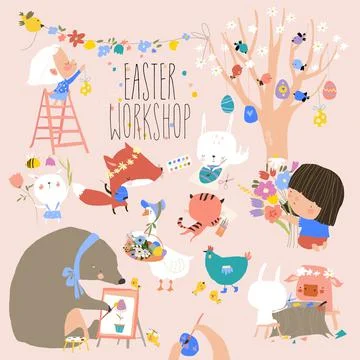 Cartoon Set with Cute Animals getting ready for Easter,painting,Handiwork Stock Illustration