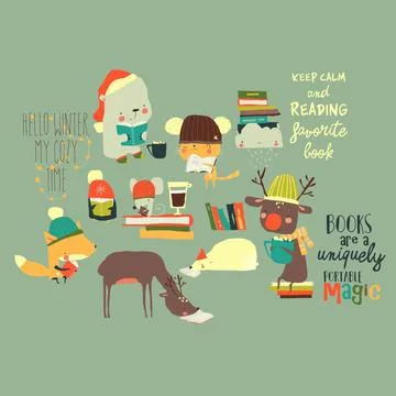 Cartoon Set with Cute Animals reading Books Stock Illustration