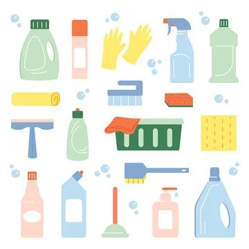 Cartoon set of detergent bottles or containers, cleaning supplies icon Stock Illustration