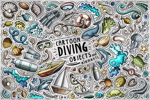 Cartoon set of Diving theme items, objects and symbols Ilustración de archivo