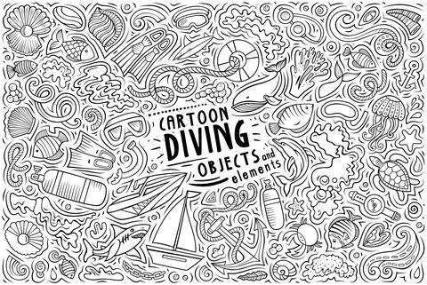 Cartoon set of Diving theme items, objects and symbols Stock Illustration