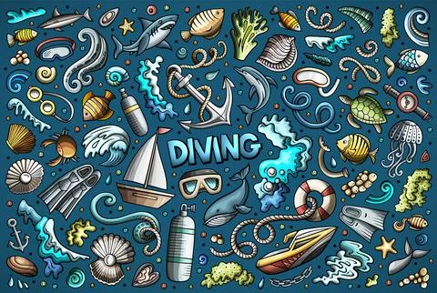 Cartoon set of Diving theme items, objects and symbols Ilustración de archivo