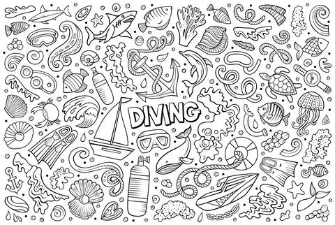 Cartoon set of Diving theme items, objects and symbols Stock Illustration