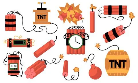 Cartoon set of dynamite and tnt explosives with timer and fuse. Collection of イラスト素材