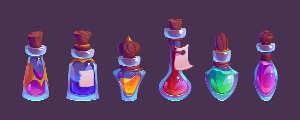 Cartoon set of elixir bottles on black background Stock Illustration