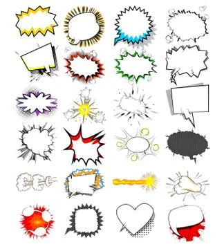 Cartoon set explosion effects and speech bubbles, pop art vector style. Com.. Illustrazione stock