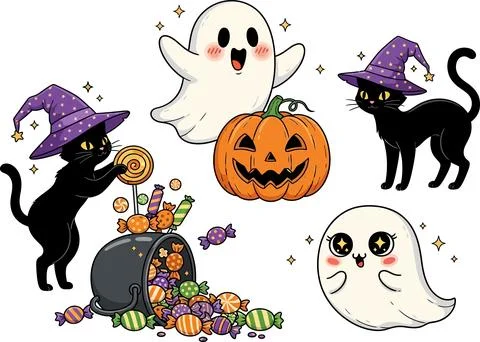 Cartoon set featuring cats, ghosts, a pumpkin, and spilled candies creates a  Stock Illustration