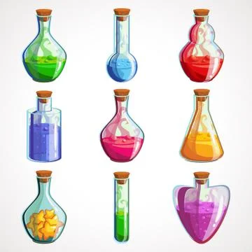 Cartoon set of flasks with magic potion of different colors. Vector illustration Stock Illustration