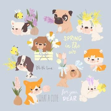 Cartoon Set with Funny Puppies and Spring Flowers Stock Illustration