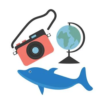 Cartoon set globe dolphin camera on a white background Stock Illustration