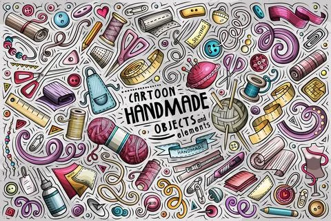Cartoon set of handmade theme items, objects and symbols Stock Illustration