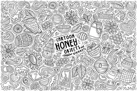 Cartoon set of Honey theme items, objects and symbols 스톡 일러스트