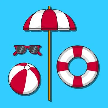 Cartoon set of illustrations of a red and white life buoy, beach ball, beach Illustrazione stock