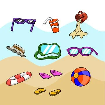 A cartoon set of items for the beach object for holiday season with kids like su Stock Illustration