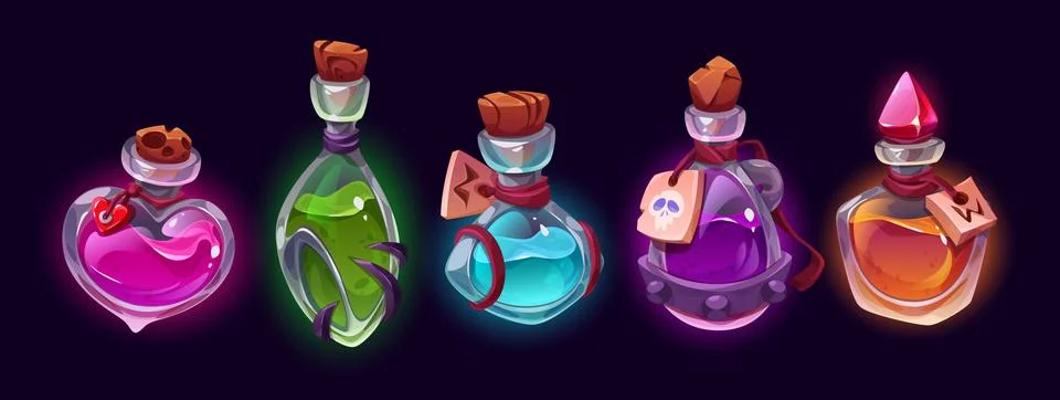 Cartoon set of magic potion bottles on black Stock Illustration