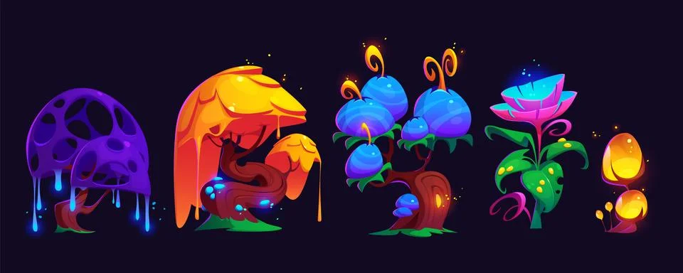 Cartoon set of magic trees and flowers Stock Illustration