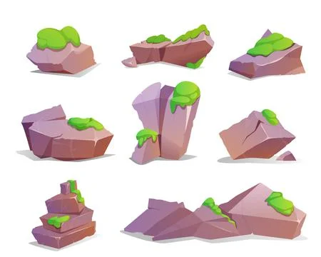 Cartoon set of moss covered big stones Stock Illustration
