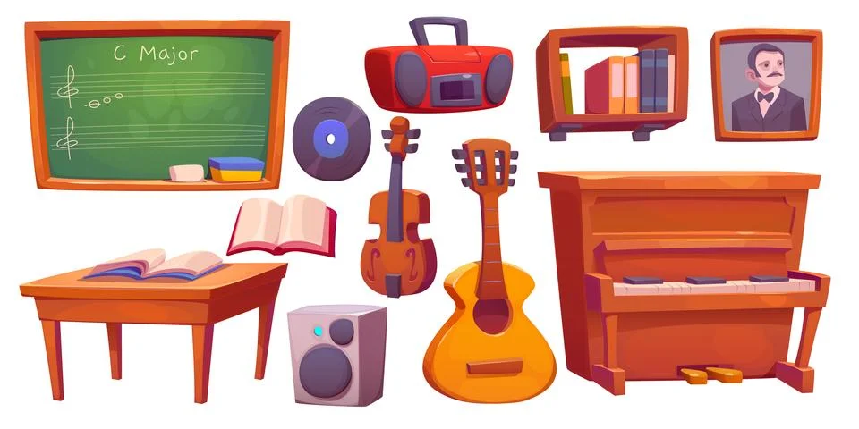 Cartoon set of music classroom design elements Stock Illustration
