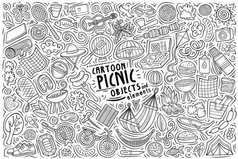 Cartoon set of Picnic theme items, objects and symbols Ilustração Stock