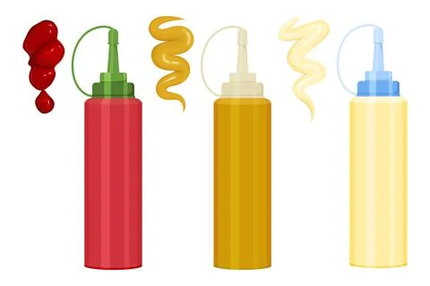 Cartoon set of sauces in plastic bottle and with splashes Stock Illustration