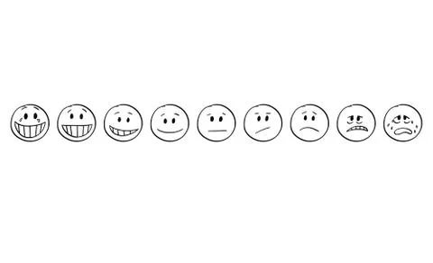 Cartoon of Set of Smiley Faces Showing Emotions From Gaiety to Sadness, Smiling Stock Illustration