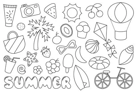 Cartoon set of summer elements in black and white Stock Illustration