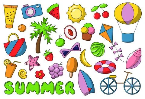 Cartoon set of summer elements in color Stock-Illustration