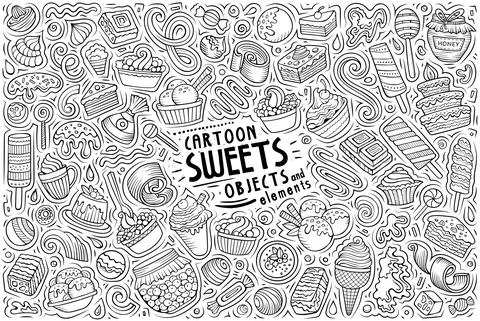 Cartoon set of Sweets theme items, objects and symbols Stock Illustration