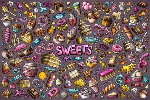Cartoon set of Sweets theme items, objects and symbols Stock Illustration