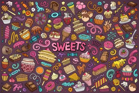 Cartoon set of Sweets theme items, objects and symbols Illustrazione stock