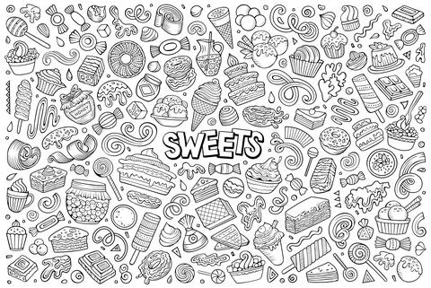 Cartoon set of Sweets theme items, objects and symbols Stock Illustration
