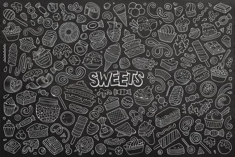Cartoon set of Sweets theme items, objects and symbols Stock Illustration