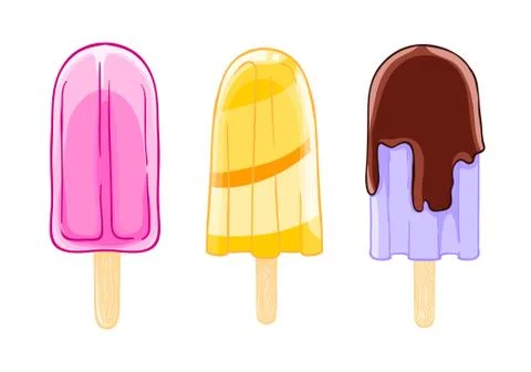 Cartoon set of three cool popsicles. Sweet ice cream isolated on the white Illustrazione stock