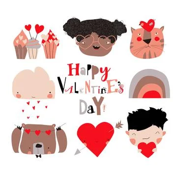 Cartoon set with Valentines Day elements on white background 스톡 일러스트