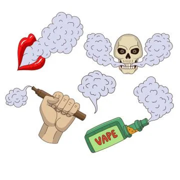 Cartoon set of vaping elements and symbols Stock Illustration