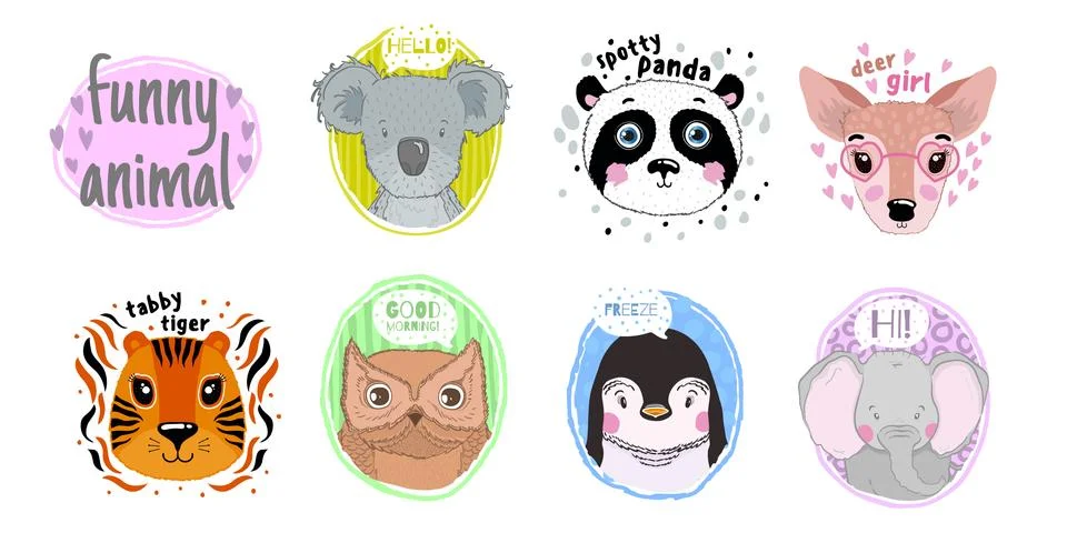 Cartoon set Vector Animals face. Funny head muzzle.Hand drawn style Stock Illustration