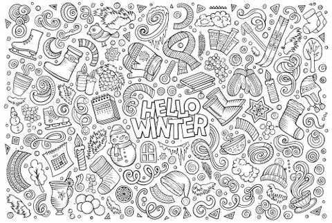 Cartoon set of Winter season objects Stock Illustration