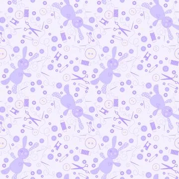 Cartoon sewing hobbies seamless rabbit toys and buttons and scissors pattern Stockillustratie