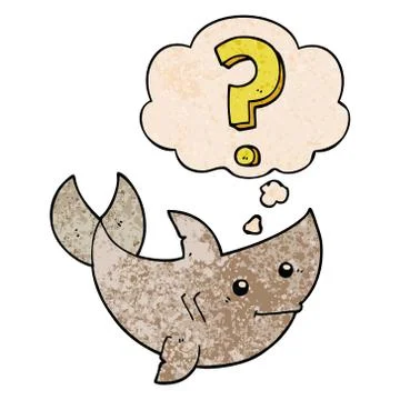 Cartoon shark asking question and thought bubble in grunge texture pattern st Stock Illustration